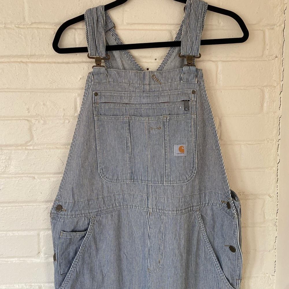 Navy Railroad Pinstriped Carhartt Bib Overalls Size Large 12/14 Regular